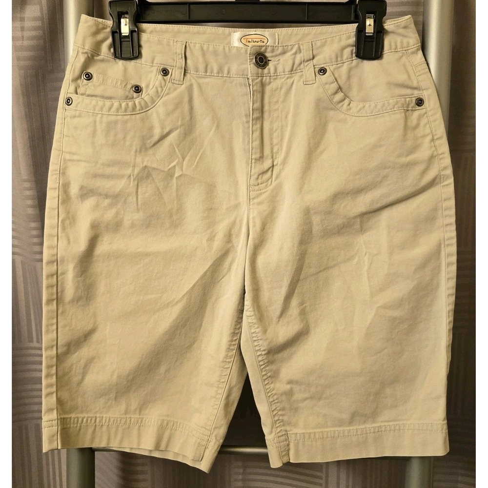 Women's Talbots Petites Stretch Relaxed Chino Shorts Khaki Pockets Size 4P 26x9